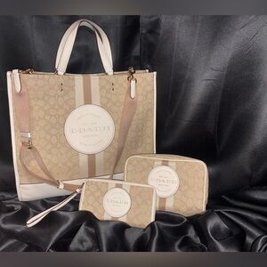 Coach Signature Beige Tote and Pouch Trio